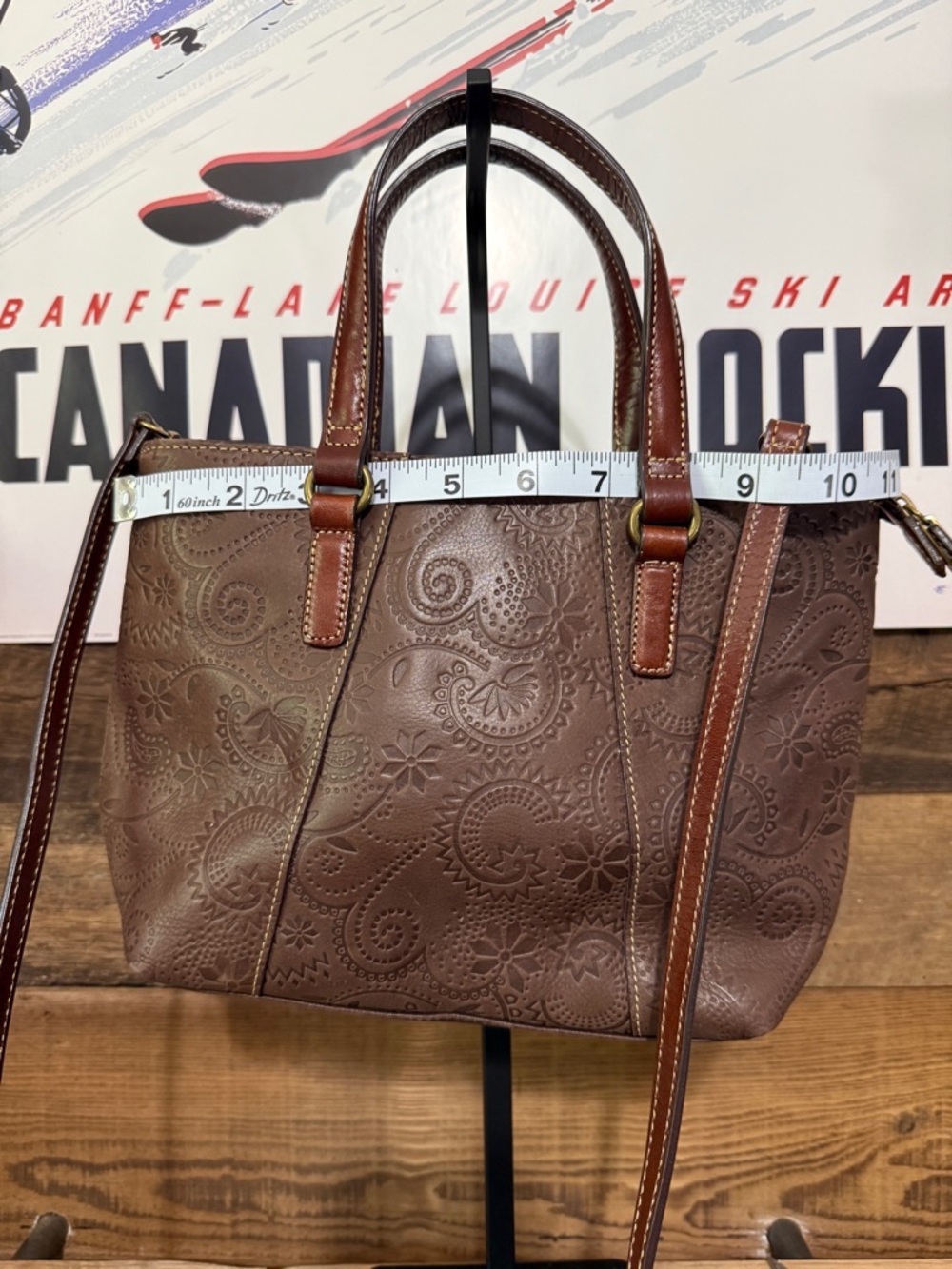 Fossil Brown Embossed Leather Shoulder Bag with Removable Strap